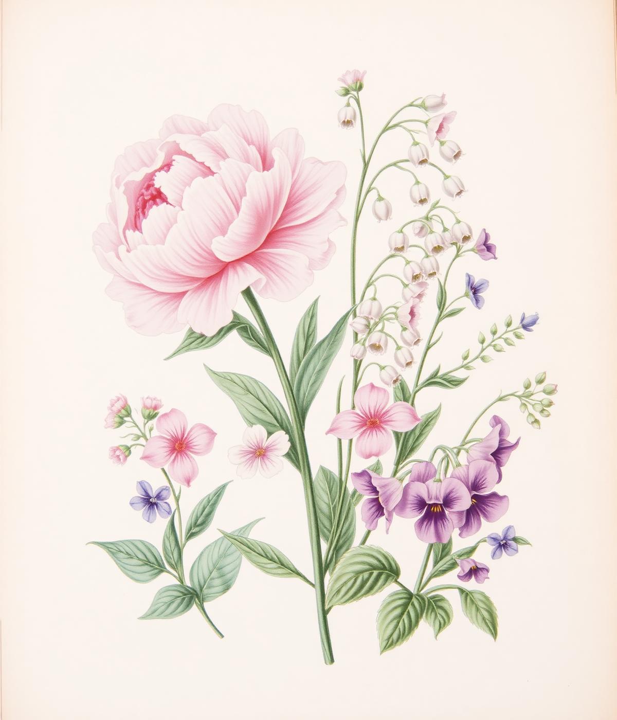 Vintage botanical illustration of peonies, lily of the valley, and violets